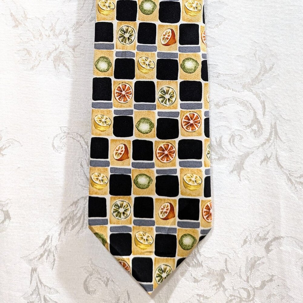 Vintage 90s Citrus Silk Checked Tie Fruit Lemon Quirky Preppy Funky Fun 3.75"